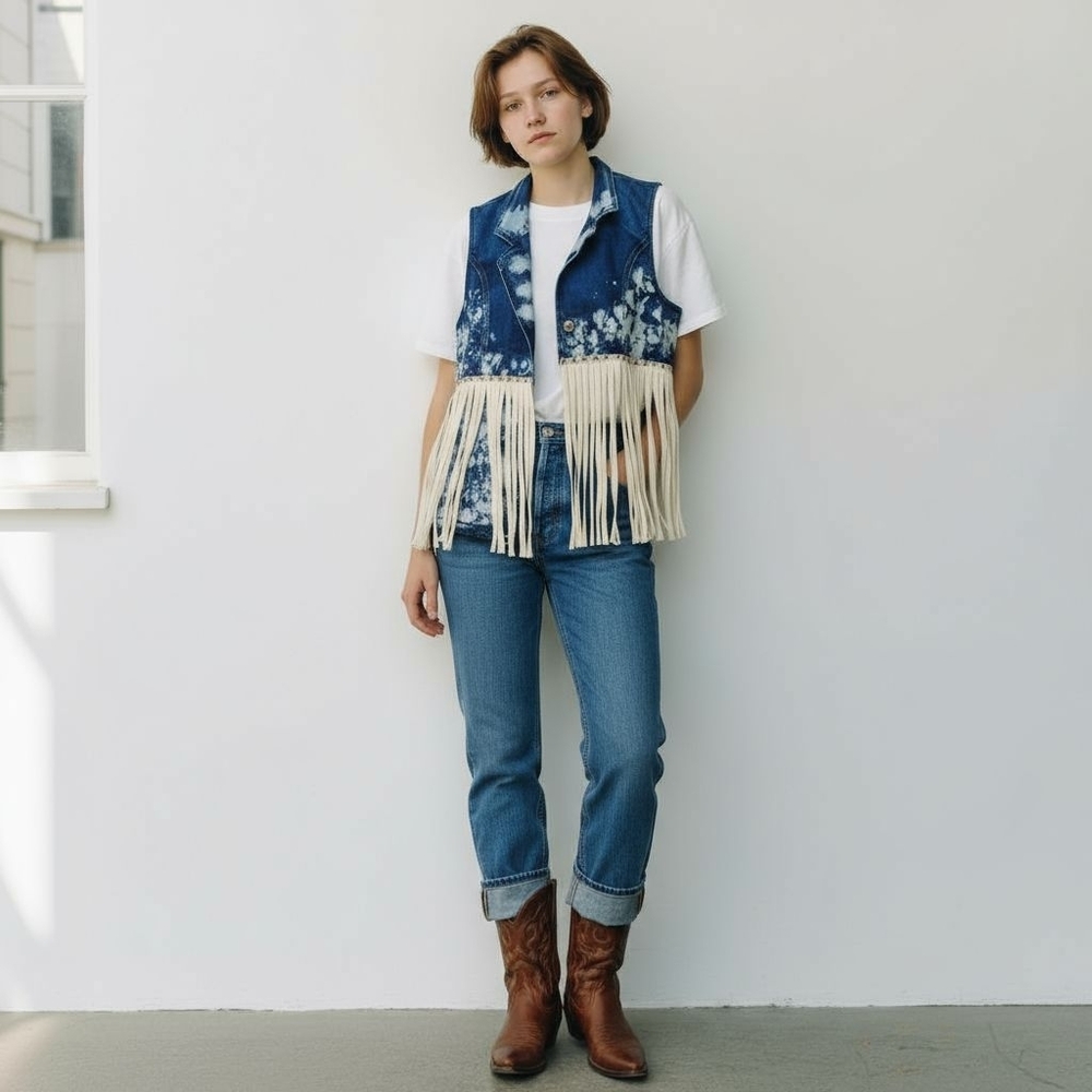 Western Fringed Vest Denim Acid Wash Studded Size S/ M Festival Boho